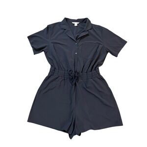 Athleta Presidio Romper Navy Blue Button Front Elastic Waist Short Sleeve Large